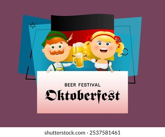 Oktoberfest banner with Germans in traditional costumes on national flag background. Realistic man drinking beer and waitress carrying tray. Lettering can be used for invitations, signs, announcements