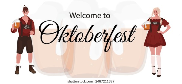 Oktoberfest-Banner. Mädchen, Junge in nationalen deutschen Kostümen mit Bier Vektorgrafik flach Illustration. 