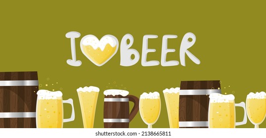 Oktoberfest banner with glass beer mug, wooden barrel, mug with light wheat beer. Foam and bubble. The heart is filled with beer. Vector simple cartoon illustration for bar, pub, restaurant, festival.