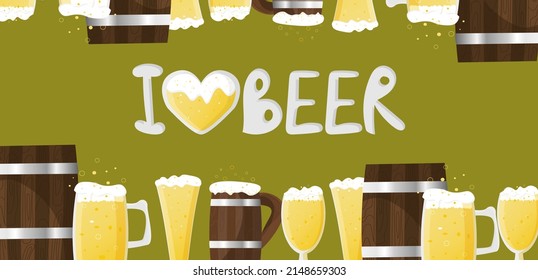 Oktoberfest banner with glass beer mug, wooden barrel, mug with light wheat beer. Foam and bubble. The heart is filled with beer. Vector simple cartoon illustration for bar, pub, restaurant, festival.