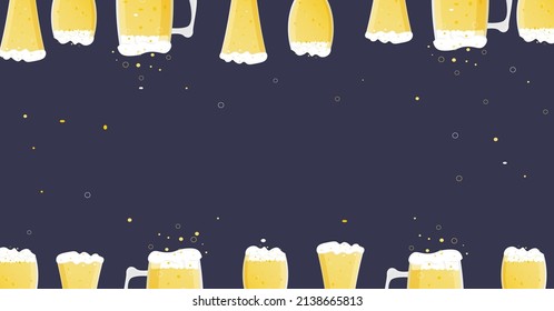 Oktoberfest banner with glass beer mugs with light wheat beer. Foam and bubbles pour over the edge. Vector simple cartoon illustration for bar, pub, restaurant, festival, poster, background.