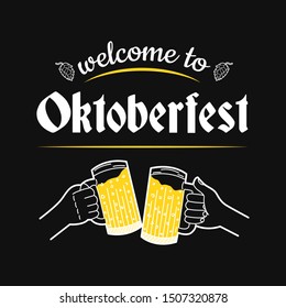 Oktoberfest banner. Hand drawing of cheers. Two hands holding and clinking with two beer mugs. Sketch. Vector illustration.