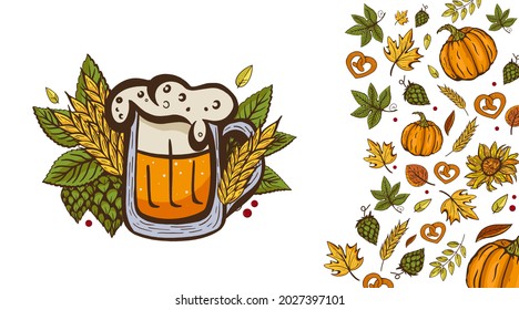 Oktoberfest banner with hand drawn lettering, beer glass and autumnal leaves.