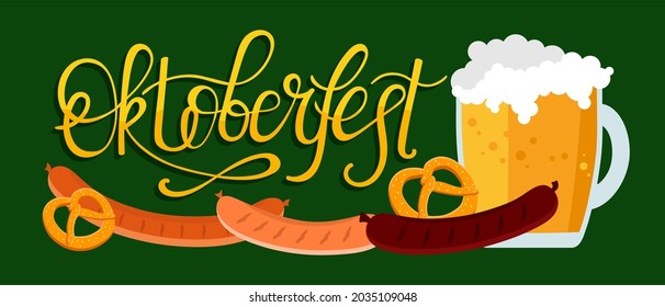 Oktoberfest banner. Handwritten inscription with the image of a beer mug with foam, pretzel and grilled sausage. Vector illustration.
