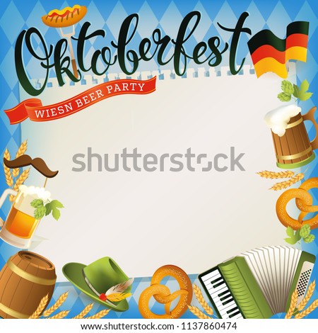 Oktoberfest banner with hat, accordion, sausage, pretzel, hops, flag and mug of beer. Vector illustration.