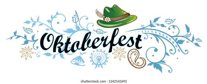 Oktoberfest banner with hat, pretzel and edelweiss.