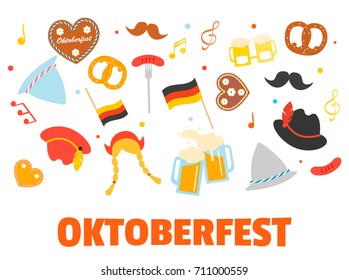 Oktoberfest banner with icons or photo booth props set. Includes hats; mustache; beer glasses, souvenirs, etc. Festive card or background with design elements