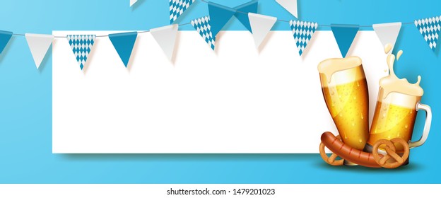 Oktoberfest banner illustration with blank paper, fresh beer, pretzel, and sausage. Vector Illustration