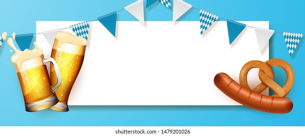 Oktoberfest banner illustration with blank paper, fresh beer, pretzel, and sausage. Vector Illustration