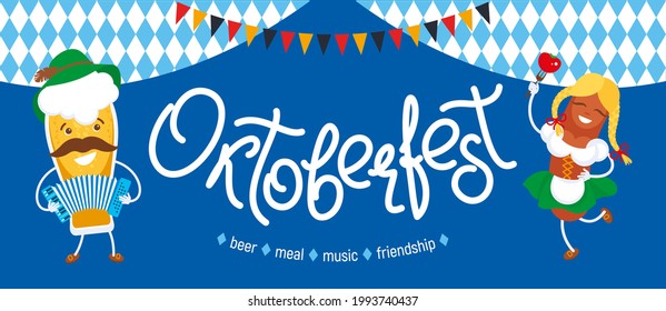 Oktoberfest banner with lettering, beer and sausge cartoon characters. Bavaria, Munich, Germany beer festival. Vector illustration, advertising, invitation, poster, background