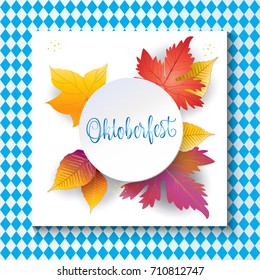 Oktoberfest banner. October festival Vector sign, blue color. Germany's Oktoberfest world's biggest wine festival. Oktoberfest Autumn Maple leaves frame Bavarian flag pattern, Gift card Munich 2022