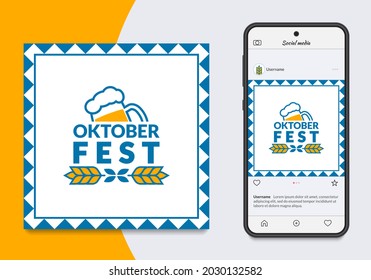 Oktoberfest banner or poster with beer mug. German festival logo, sign, label or badge. October fest square background for flyer, advertising card, social media post. Vector illustration.