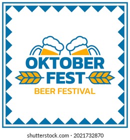 Oktoberfest banner or poster with beer mugs. German festival logo, sign, label or badge. October fest square background for flyer, advertising card, social media post. Vector illustration.