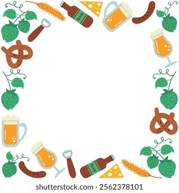 Oktoberfest banner or poster with beer mugs, snacks and glasses of different shapes. October festival square background for flyer, promotional card, social media post. Vector illustration.