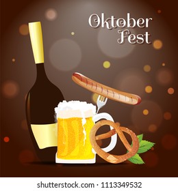 Oktoberfest banner or poster design, beer mug, bottle, sausage with fork and pretzel, leaves on brown bokeh background.