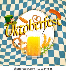 Oktoberfest banner or poster design, beer mug, sausage with fork, pretzel, wheat grain, leaves and Oktoberfest hat on checkered background.