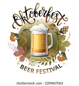 Oktoberfest banner or poster with lettering, autumn leaves, hop cones and beer glass. Vector illustration.