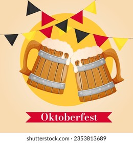 Oktoberfest banner, poster, social media post template with two wooden mugs of beer