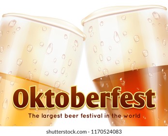 Oktoberfest banner with realistic glasses of beer isolated on white background. Vector beer drink holiday, illustration of banner party germany octoberfest