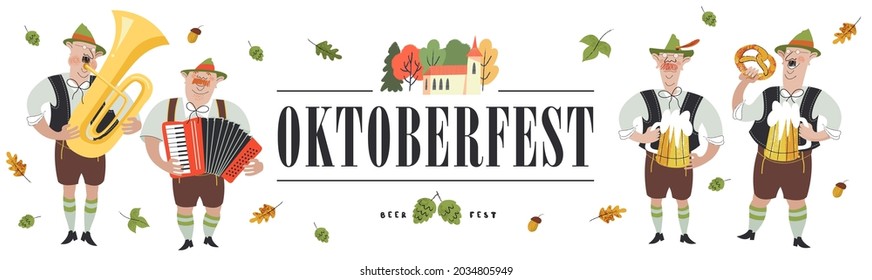 Oktoberfest. The banner template is a traditional German beer festival. Cheerful people in national costumes drink beer and play musical instruments.