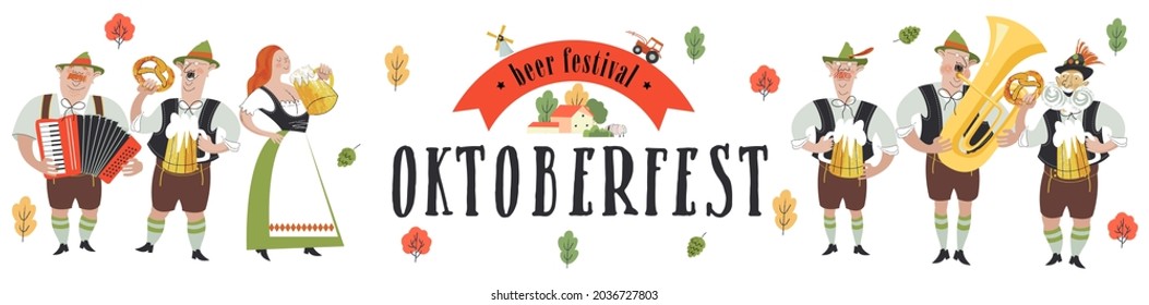 Oktoberfest. The banner template is a traditional German beer festival. Cheerful people in national costumes drink beer and play musical instruments.