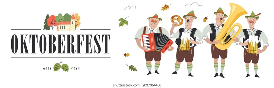 Oktoberfest. The banner template is a traditional German beer festival. Cheerful people in national costumes drink beer and play musical instruments.