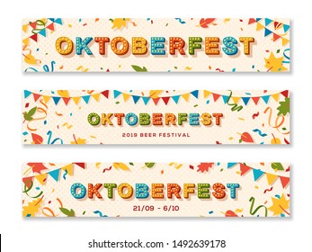 Oktoberfest banner templates set. Annual autumn season event. Traditional german beer festival advertising posters pack. Paper garlands, leaves and confetti flat illustrations with text space