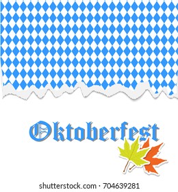 Oktoberfest banner with traditional October festival Bavarian flag pattern with torn paper, typography lettering, autumn maple leaves. Vector illustration for banner, print, promotion, flyer, poster