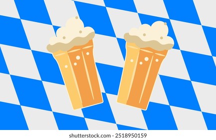 Oktoberfest-Banner mit zwei Biersteinen auf bayerischem Fahnenmusterhintergrund