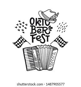 Oktoberfest banner. Vector flat illustration for German beer festival in Munich. Hand Drawn Lettering with picture of accordion, hat, and Bavarian flag. 