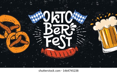 Oktoberfest banner. Vector flat template illustration for German beer festival in Munich. Hand Drawn Lettering with picture of beer mug with foam, pretzel, grill sausage and Bavarian flag. 