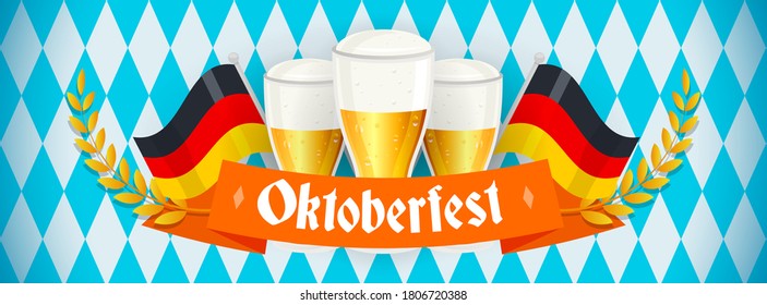 Oktoberfest Banner Vector illustration. Beer with flag of Germany on Bavaria pattern background