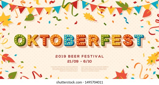 Oktoberfest banner vector template. Seasonal event, german beer festival advertising poster layout. Traditional cultural fest. Paper garland, leaves and confetti flat illustration with text space