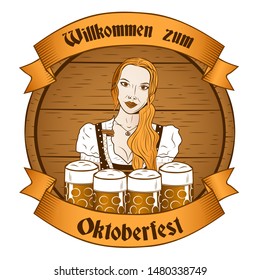 Oktoberfest banner with young waitress and invitation in German - Welcome to Oktoberfest (Willkommen zum Oktoberfest). German beer festival design concept in vintage style. Vector illustration