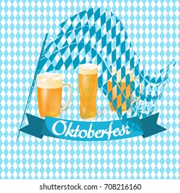 Oktoberfest banners in Bavarian color. Flag, light beer in different glasses. background Oktoberfest. Vector illustration