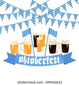 Oktoberfest banners in Bavarian color. Light and dark beer. Feast of Bavaria white and blue ribbon Oktoberfest. Vector illustration