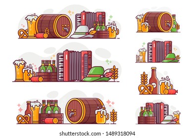 Oktoberfest banners and icons set with traditional beer festival symbols. Such as barrel, bavarian hat, harmonica and mugs. Beer fest line scenes with celebrating October fest elements in flat design.