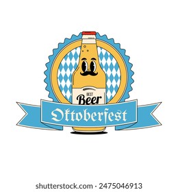 Oktoberfest Bavaria Beer Festival celebration. Label, logo, emblem or badge design with retro groovy beer bottle character. Vector illustration with cute alcohol drink and beverage mascot