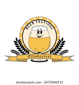 Oktoberfest Bavaria Beer Festival celebration. Label, logo, emblem or badge design with retro groovy beer glass character. Vector illustration with cute alcohol drink and beverage mascot