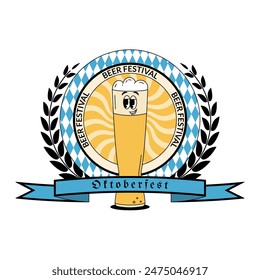 Oktoberfest Bavaria Beer Festival celebration. Label, logo, emblem or badge design with retro groovy beer glass character. Vector illustration with cute alcohol drink and beverage mascot