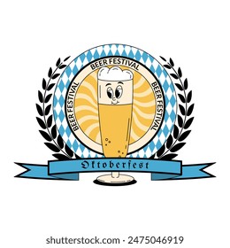 Oktoberfest Bavaria Beer Festival celebration. Label, logo, emblem or badge design with retro groovy beer glass character. Vector illustration with cute alcohol drink and beverage mascot