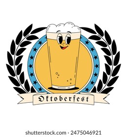 Oktoberfest Bavaria Beer Festival celebration. Label, logo, emblem or badge design with retro groovy beer glass character. Vector illustration with cute alcohol drink and beverage mascot