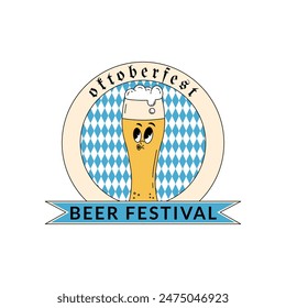 Oktoberfest Bavaria Beer Festival celebration. Label, logo, emblem or badge design with retro groovy beer glass character. Vector illustration with cute alcohol drink and beverage mascot