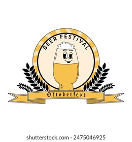 Oktoberfest Bavaria Beer Festival celebration. Label, logo, emblem or badge design with retro groovy beer glass character. Vector illustration with cute alcohol drink and beverage mascot