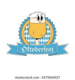 Oktoberfest Bavaria Bierfest Feier. Label-, Logo-, Emblem- oder Abzeichen-Design mit Retro-groovigem Bierglas-Charakter. Vektorillustration mit süßem Alkoholgetränk und Getränkemaskottchen