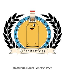 Oktoberfest Bavaria Beer Festival celebration. Label, logo, emblem or badge design with retro groovy beer bottle character. Vector illustration with cute alcohol drink and beverage mascot