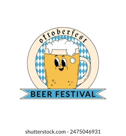 Oktoberfest Bavaria Beer Festival celebration. Label, logo, emblem or badge design with retro groovy beer mug character. Vector illustration with cute alcohol drink and beverage mascot