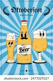 Oktoberfest Bavaria Fiesta de la Cerveza. Póster o volante con botellas y vasos de cerveza de estilo retro. Ilustración vectorial con una linda bebida alcohólica y mascota de bebidas