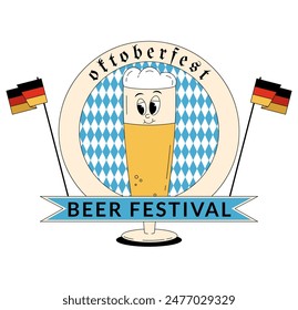 Oktoberfest Bavaria Beer Festival celebration. Concept with retro groovy beer glass character and flags. Vector illustration with cute alcohol drink and beverage mascot