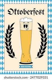 Oktoberfest Bavaria Beer Festival celebration. Poster or flyer with retro groovy beer glass character. Vector illustration with cute alcohol drink and beverage mascot